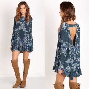 Free People Emerald Teal Floral Tunic Mini Dress Size XS w Side Pockets